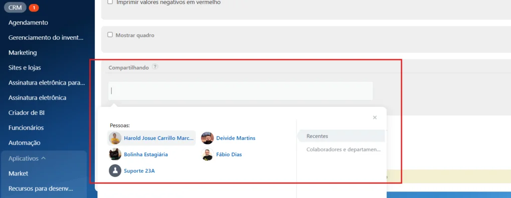 Imagem selecionando usuários para visualizar o relatório no Bitrix24 | 23A